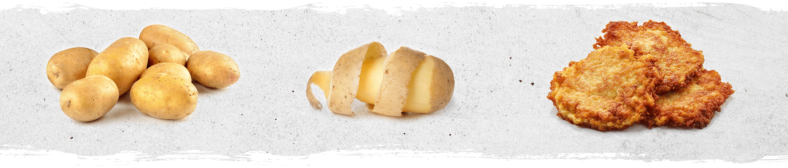 Kartoffelverarbeitung Auf einem steingrauen Hintergrund sind Kartoffeln, geschälte Kartoffeln und Kartoffelpuffer.