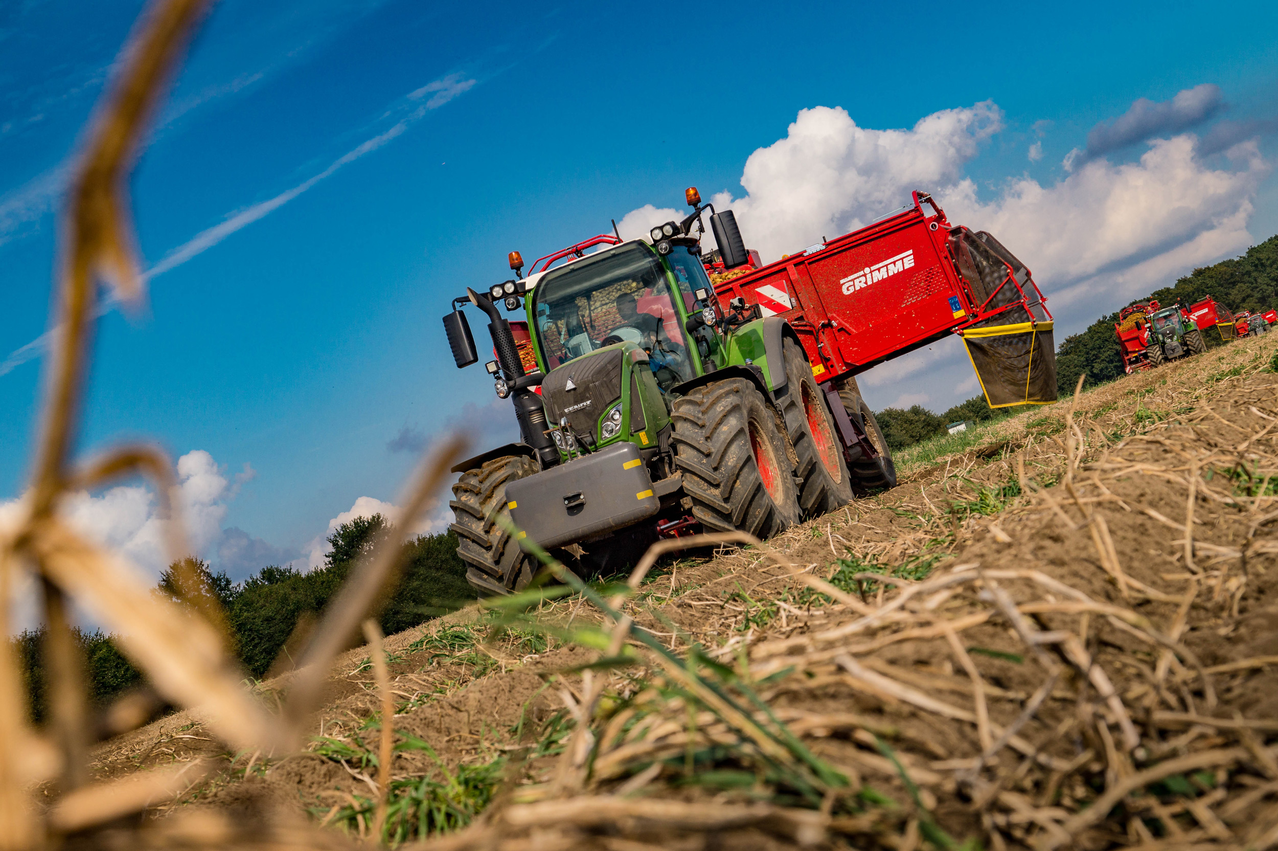 Kartoffelernte Ein Trecker fährt über das Feld und erntet Kartoffeln.